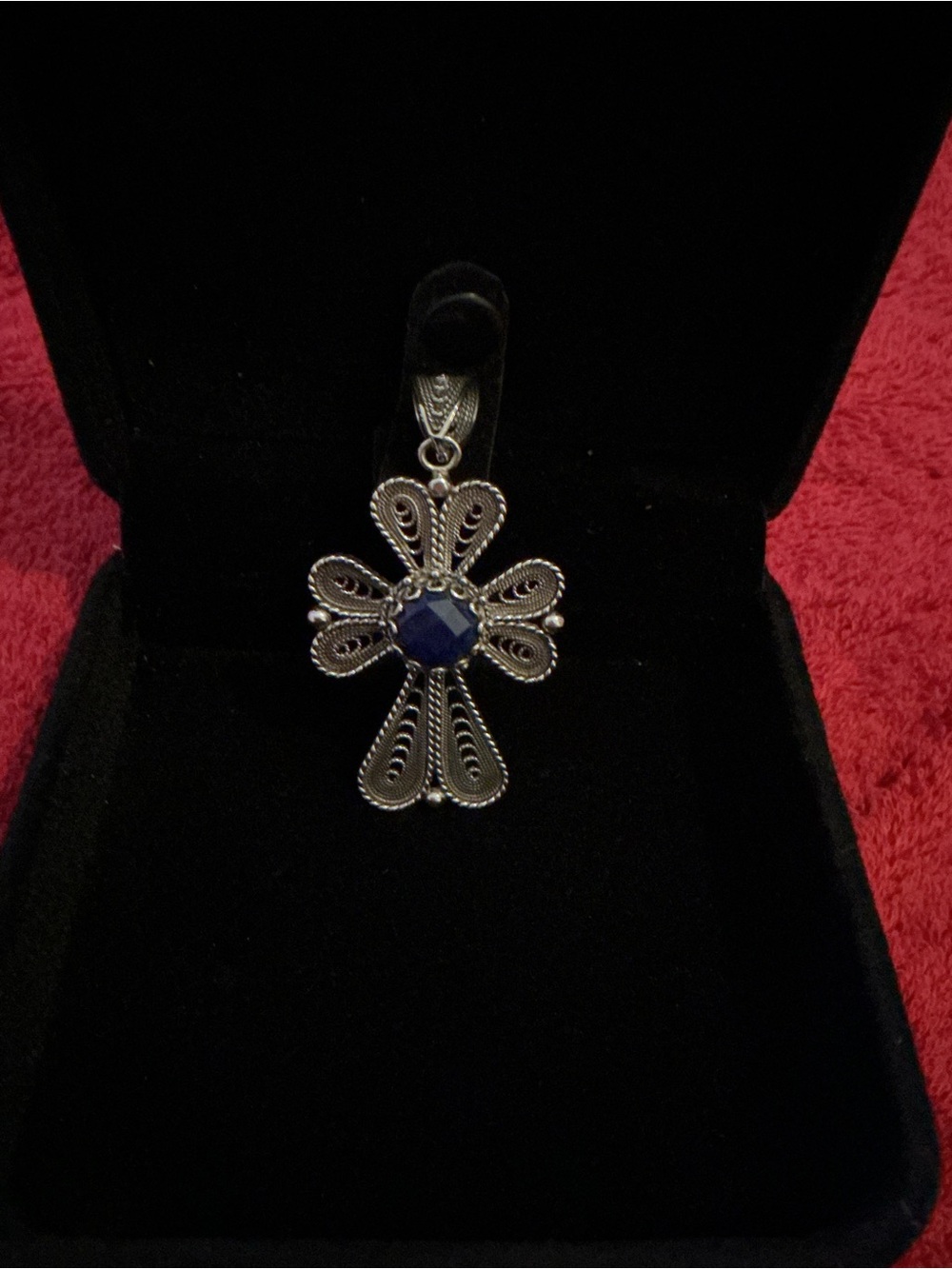 Silver Filigree Cross Pendant Necklace with Blue Lapis Stone